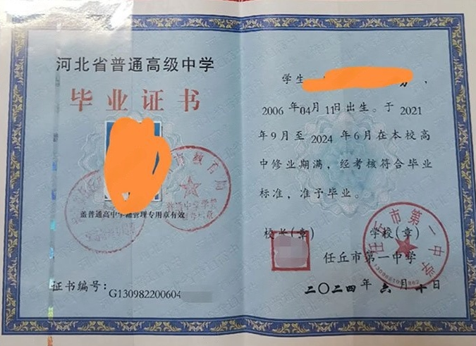 迎泽任丘市第一中学高中毕业证样本图片