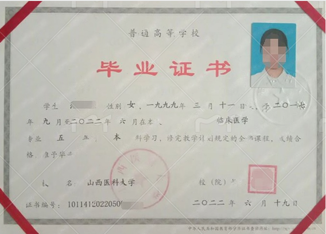 山西医科大学2022年普通全日制本科毕业证书样本图片（临床医学）