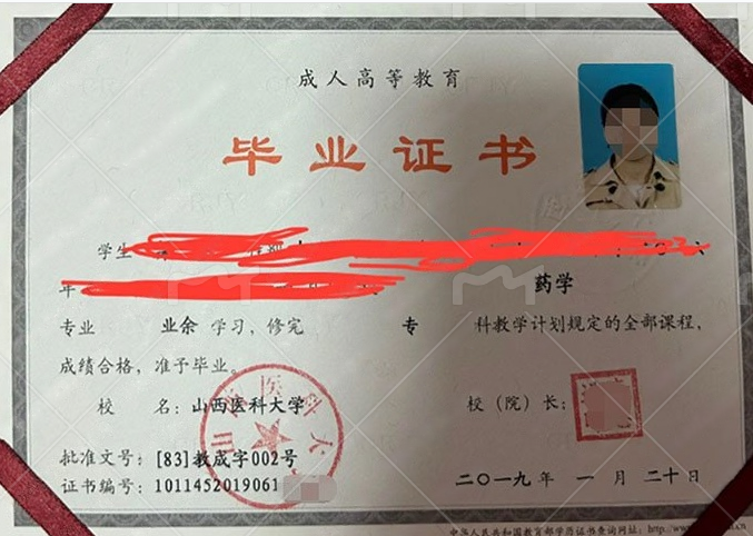 山西医科大学2019年业余专科毕业证书样本图片（药学）